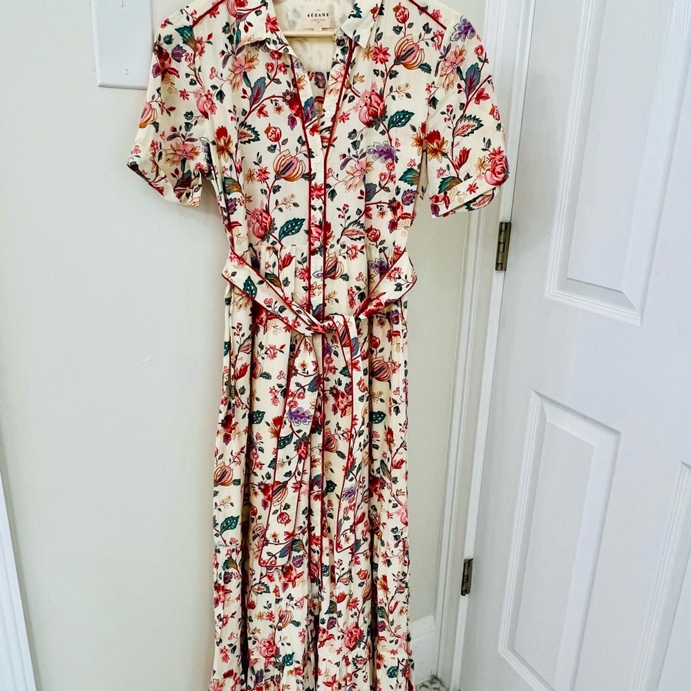 Sezane Multicolor Floral Maxi Dress with Red Piping and Fully Lined